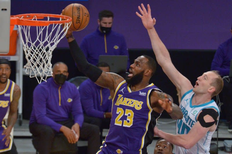 Los Angeles Lakers forward LeBron James (L) is averaging 25.2 points per game this season. File Photo by Jim Ruymen/UPI