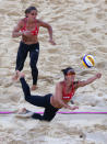 LONDON, ENGLAND - JULY 31: Marie-Andree Lessard of Canada dives for a shot during the Women's Beach Volleyball Preliminary match between Canada and Russia on Day 4 at Horse Guards Parade on July 31, 2012 in London, England. (Photo by Ryan Pierse/Getty Images)