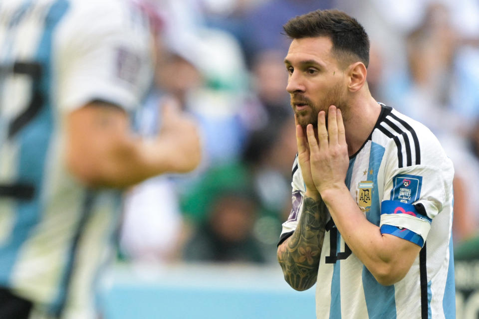 Argentina&#39;s forward #10 Lionel Messi reacts during the Qatar 2022 World Cup Group C football match between Argentina and Saudi Arabia at the Lusail Stadium in Lusail, north of Doha on November 22, 2022. (Photo by JUAN MABROMATA / AFP) (Photo by JUAN MABROMATA/AFP via Getty Images)