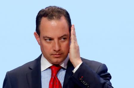 Reince Priebus reacts during a general session at the Republican National Committee Spring Meeting at the Diplomat Resort in Hollywood, Florida, U.S. on April 22, 2016. REUTERS/Joe Skipper/Files