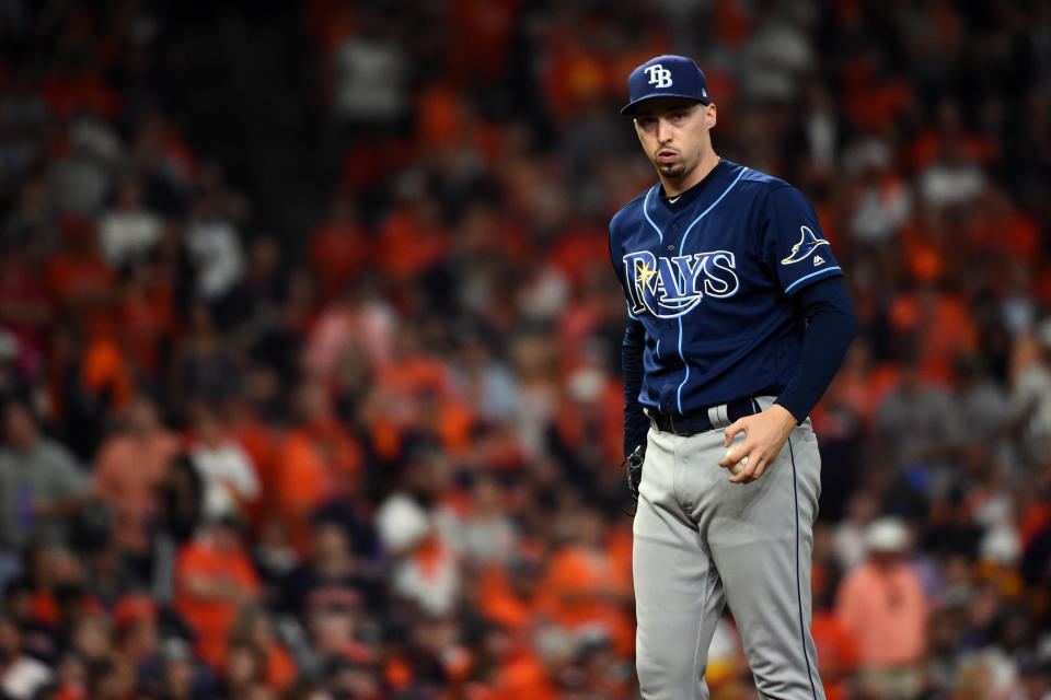 HOUSTON, TX - OCTOBER 10: Blake Snell #4 of the Tampa Bay Rays pitches during Game 5 of the ALDS between the Tampa Bay Rays and the Houston Astros at Minute Maid Park on Thursday, October 10, 2019 in Houston, Texas. (Photo by Cooper Neill/MLB Photos via Getty Images)