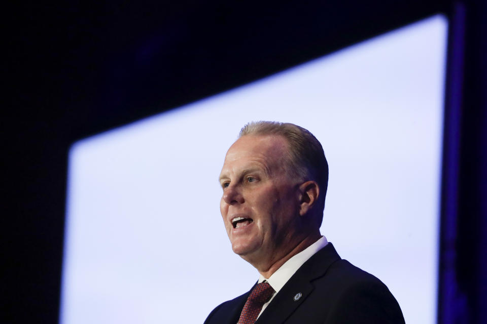 San Diego Mayor Kevin Faulconer speaks during the California GOP fall convention on Sept. 7, 2019, in Indian Wells, Calif. (AP Photo/Chris Carlson)