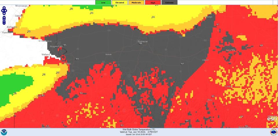 The wet-bulb globe thermometer forecast calls for extreme conditions in most of Western New York at 4 p.m. on June 18, 2024 .