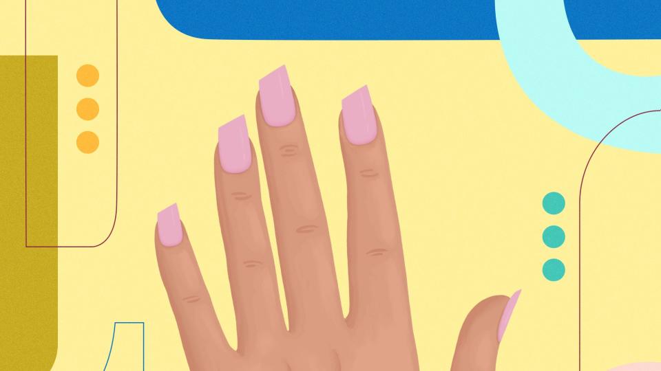 Illustration of a hand with pink lipstick nails against a yellow background