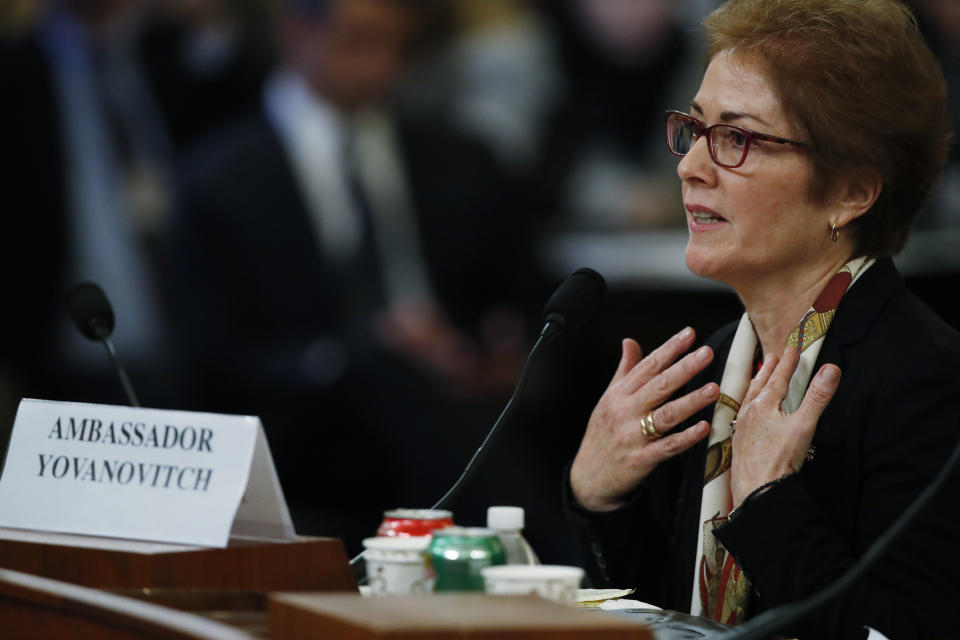 Former Ambassador to Ukraine Marie Yovanovitch testifies before the House Intelligence Committee on Capitol Hill in Washington, Friday, Nov. 15, 2019, during the second public impeachment hearing of President Donald Trump's efforts to tie U.S. aid for Ukraine to investigations of his political opponents. (AP Photo/Alex Brandon)