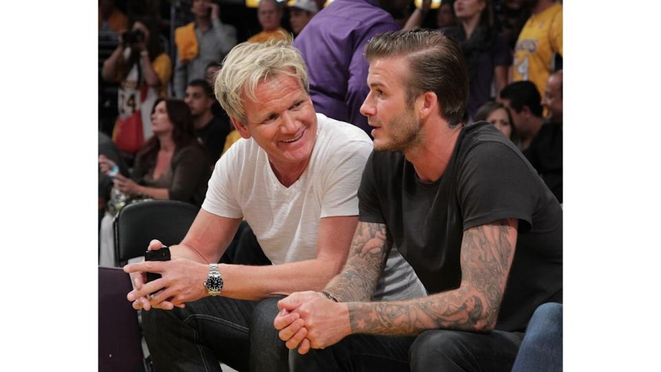 Gordon Ramsay (L) and David Beckham attend Lakers game