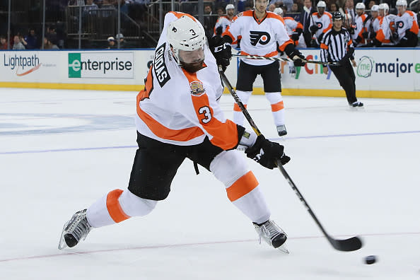 NEW YORK, NY - OCTOBER 06: Radko Gudas #3 of the Philadelphia Flyers shoots a shot on goal against the New York Rangers during their preseason game at Madison Square Garden on October 6, 2016 in New York City. (Photo by Michael Reaves/Getty Images)