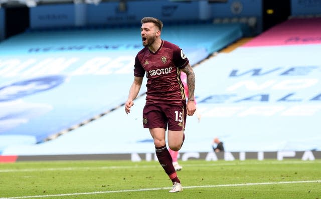 Stuart Dallas celebrates scoring at the Etihad