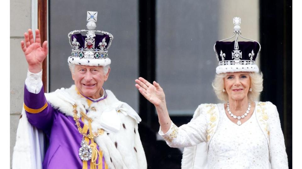 King Charles and Queen Camilla wave from balcony at Coronation