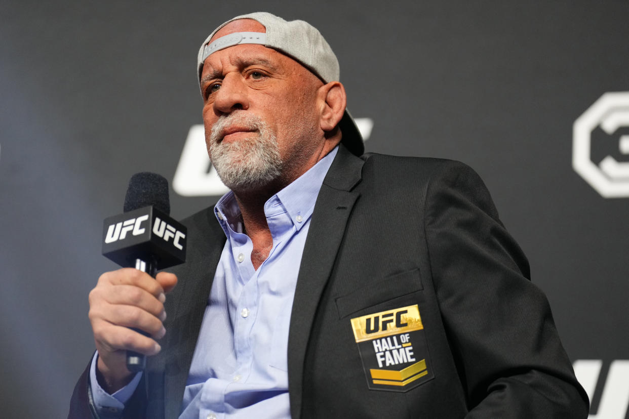 LAS VEGAS, NEVADA - MARCH 03: UFC hall of famer Mark Coleman is seen on stage during the UFC 30th Anniversary Q&A session at MGM Grand Garden Arena on March 03, 2023 in Las Vegas, Nevada. (Photo by Chris Unger/Zuffa LLC via Getty Images)