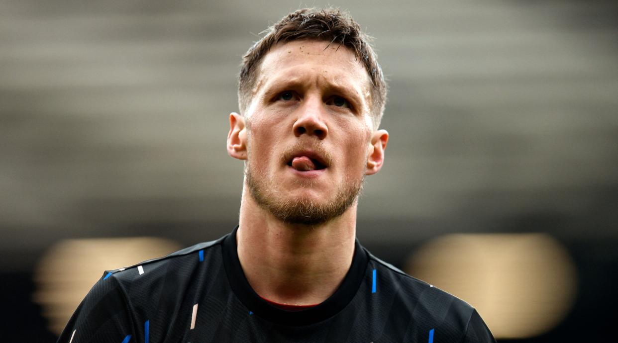  Wout Weghorst of Manchester United reacts while warming up ahead of the Premier League match between Manchester United and Leicester City at Old Trafford on February 19, 2023 in Manchester, United Kingdom. 