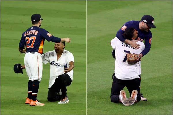 有位球迷不知從何處衝進場內，雙膝下跪熊抱「阿土伯」奧圖維（Jose Altuve）。摘自推特