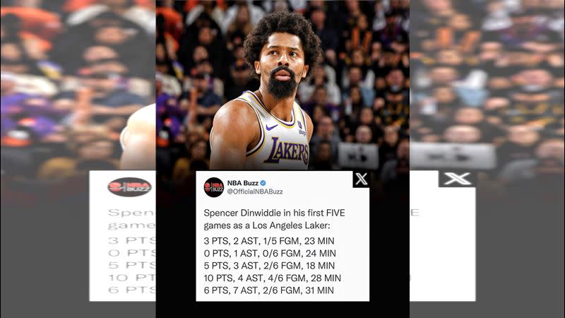 丁威迪（Spencer Dinwiddie）轉戰湖人前5場比賽合計攻下24分。（圖／翻攝自NBA Buzz推特）