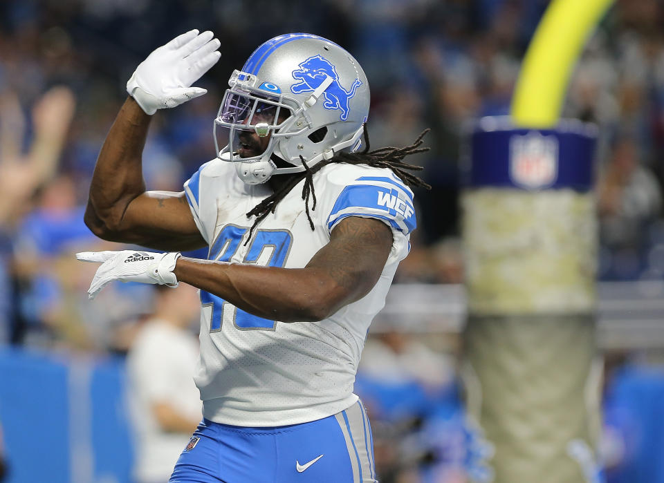 DETROIT, MI - NOVEMBER 17: Bo Scarbrough #43 of the Detroit Lions celebrates a first quarter touchdown during the game against the Dallas Cowboys at Ford Field on November 17, 2019 in Detroit, Michigan. (Photo by Leon Halip/Getty Images)