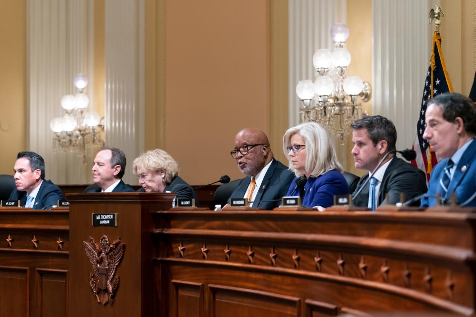 The House select committee tasked with investigating the Jan. 6 attack on the Capitol meets to hold Steve Bannon, one of former President Donald Trump's allies in contempt, on Capitol Hill in Washington, Tuesday evening, Oct. 19, 2021. From left to right are Rep. Pete Aguilar, D-Calif., Rep. Adam Schiff, D-Calif., Rep. Zoe Lofgren, D-Calif., Chairman Bennie Thompson, D-Miss., Vice Chair Liz Cheney, R-Wyo., Rep. Adam Kinzinger, R-Ill., and Rep. Jamie Raskin, D-Md. (AP Photo/J. Scott Applewhite) ORG XMIT: DCSA125