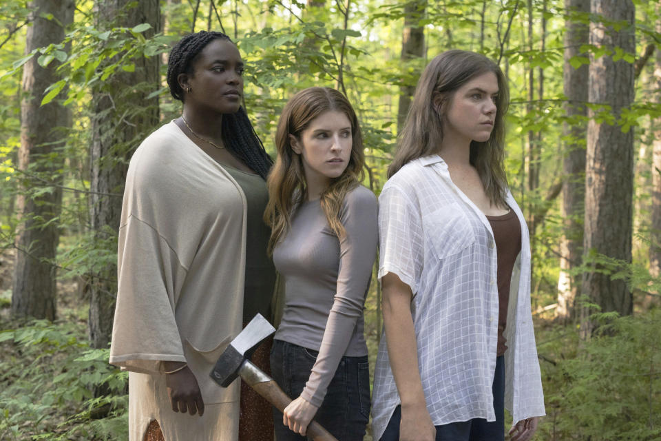 This image released by Lionsgate shows, from left, Wunmi Mosaku, Anna Kendrick, and Kaniehtiio Horn in a scene from "Alice, Darling." (Emma Close-Brooks/Lionsgate via AP)