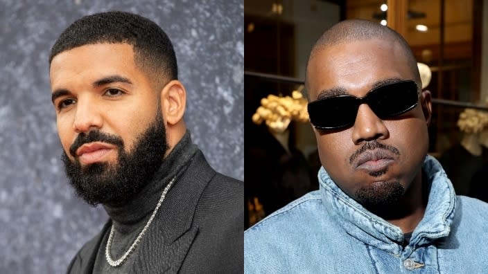 Drake (left) leads the pack of 2022 BET Hip-Hop Awards nominations with a record 14, and Kanye West (right) is second in nominations with 10. (Photos: John Phillips/Getty Images and Victor Boyko/Getty Images)