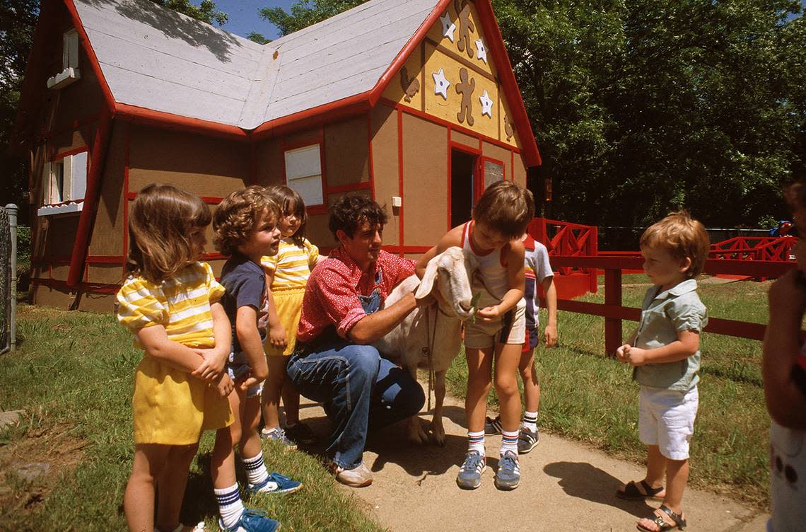 June 4, 1983: Barnyard Bob in front of the gingerbread house in the petting zoo at Six Flags Over Texas, Arlington.