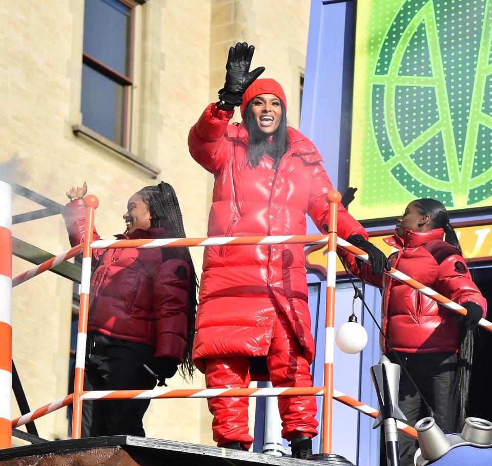 Ciara wore all red on the <em>Rise of the Teenage Mutant Ninja Turtles </em>float.