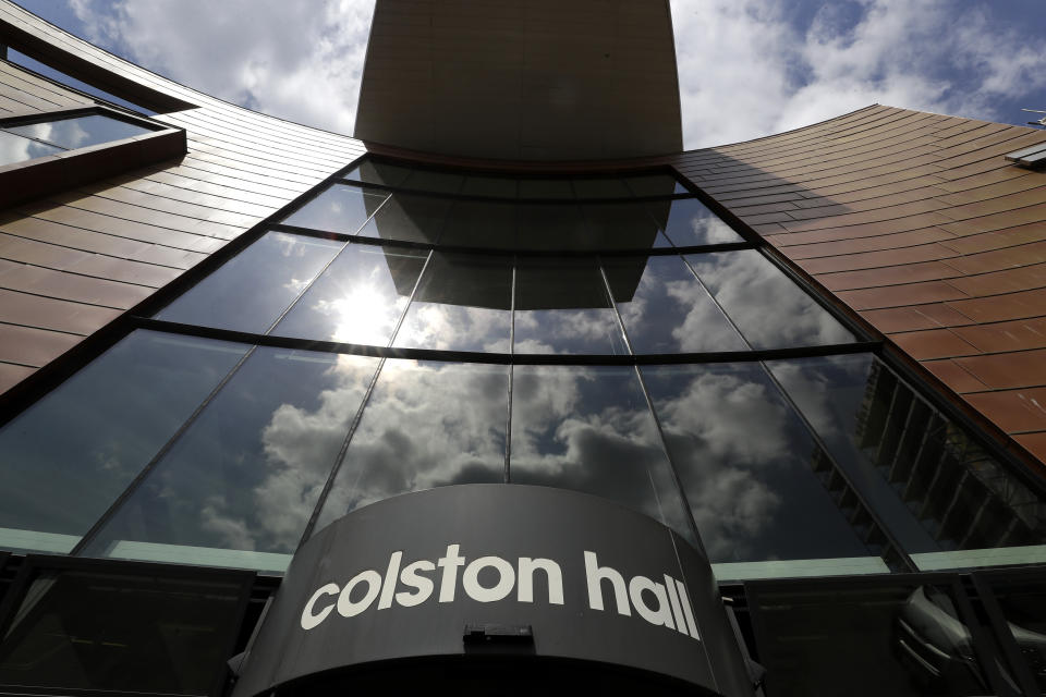 Colston Hall, a music venue in Bristol, England, Monday, June 8, 2020. The toppling of the statue of Edward Colston on Sunday at a Black Lives Matter demo was greeted with joyous scenes, recognition of the fact that he was a notorious slave trader — a badge of shame in what is one of Britain’s most liberal cities. (AP Photo/Kirsty Wigglesworth)