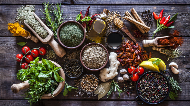 aromatic ingredients on wooden table