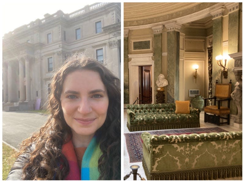 Left: Talia Lakritz outside the Vanderbilt Mansion in Hyde Park, New York. Right: Inside the Vanderbilt Mansion.