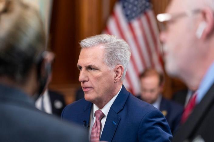 House Speaker Kevin McCarthy of Calif., pauses during a break in the taping of an interview for the Hannity show with Fox News Channel's Sean Hannity, on Capitol Hill, Jan. 10, 2023, in Washington.