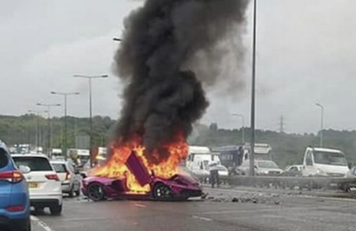 A Lamborghini burst into flames following a crash on the M62 in West Yorkshire. (Reach)