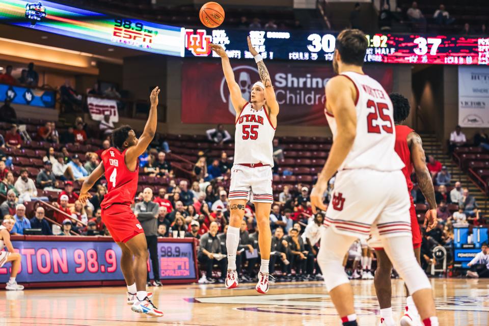 Utah’s Gabe Madsen (55) shoots the ball against Houston during the Charleston Classic in Charleston, S.C., Friday, Nov. 17, 2023. | Omar Torres/Utah Athletics