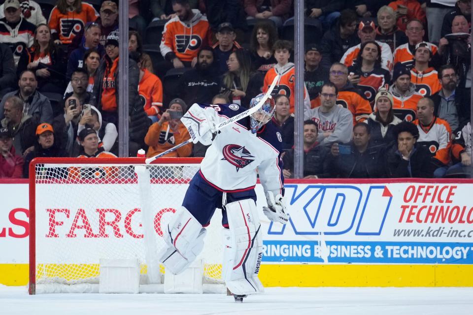 Columbus Blue Jackets' Daniil Tarasov reacts after the Blue Jackets won an NHL hockey game against the Philadelphia Flyers, Thursday, Jan. 4, 2024, in Philadelphia. (AP Photo/Matt Slocum)