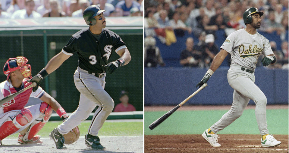 FILE - At left, in a July 6, 1996, file photo, Chicago White Sox's Harold Baines (3) watches his ninth inning solo home run during the White Sox's 3-2 win over the Cleveland Indians in Cleveland. At right, in an Oct. 7, 1991, file photo, Oakland Athletics' Harold Baines slams a game-winning home run in the top of the ninth inning against the Toronto Blue Jays in the first game of the American League Championship Series at Sky Dome in Toronto. Baines will be inducted into the Baseball Hall of Fame on Sunday, July 21, 2019. (AP Photo/File)