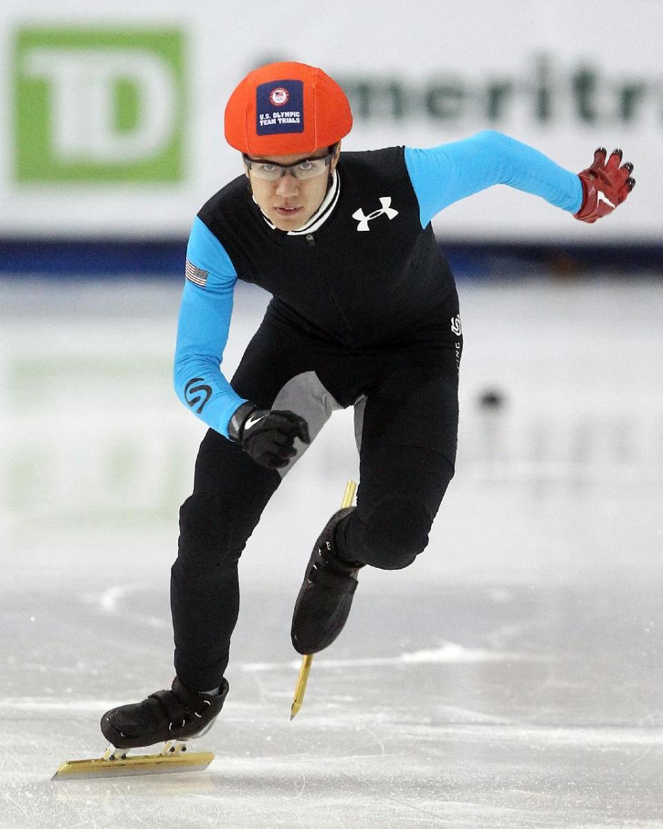 J. R. Celski competes in the men's 1,000 meters during the U.S. Olympic short track speedskating trials on Sunday, Jan. 5, 2014, in Kearns, Utah. (AP Photo/Rick Bowmer)