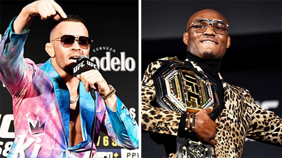 Colby Covington (pictured left) speaking at a UFC press conference and Kamaru Usman (pictured right) posing with his belt.