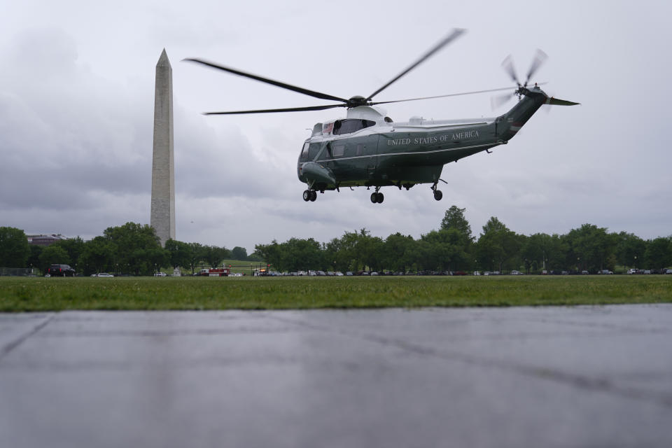 Marine One, with President Joe Biden aboard, lifts off from the Ellipse near the White House, Friday, May 7, 2021, in Washington. Biden is spending the weekend at Camp David in Maryland. (AP Photo/Patrick Semansky)