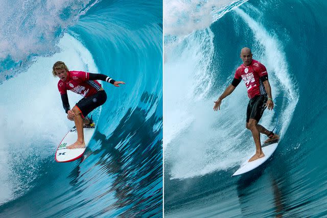 <p>Kirstin Scholtz/World Surf League via Getty; Will Hayden-Smith/World Surf League via Getty</p> From Left: John John Florence; and Kelly Slater competing in the 2014 Tahiti Pro
