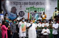 Students of Trinamool Congress (TMC) party take part in a rally to protests against the new agriculture bills passed by the central government at Parliament in Kolkata, India on 23rd September, 2020. (Photo by Sonali Pal Chaudhury/NurPhoto via Getty Images)