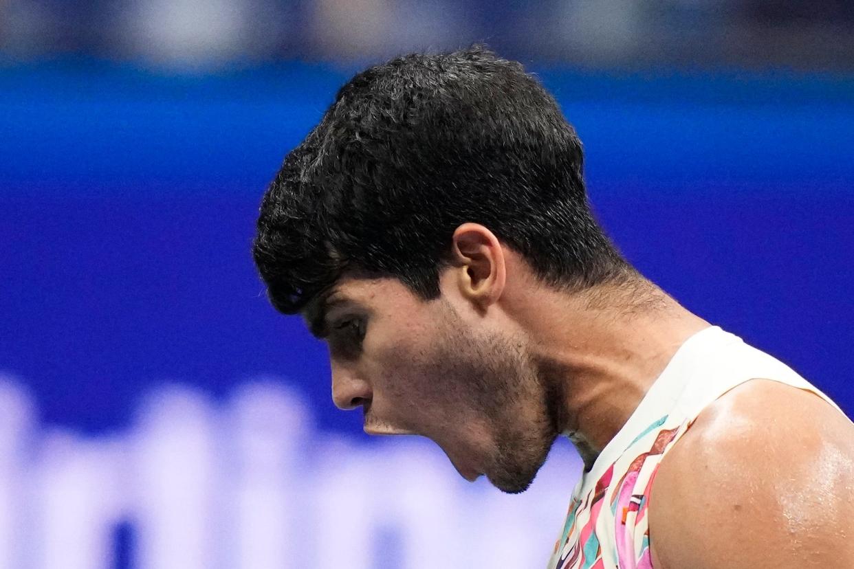 Carlos Alcaraz reacts at the US Open (AP)