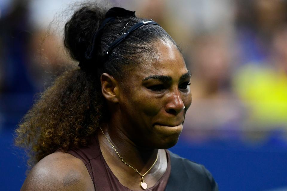 NEW YORK, NY - SEPTEMBER 08:  Serena Williams of the United States reacts during her Women's Singles finals match against Naomi Osaka of Japan on Day Thirteen of the 2018 US Open at the USTA Billie Jean King National Tennis Center on September 8, 2018 in the Flushing neighborhood of the Queens borough of New York City.  (Photo by Sarah Stier/Getty Images)