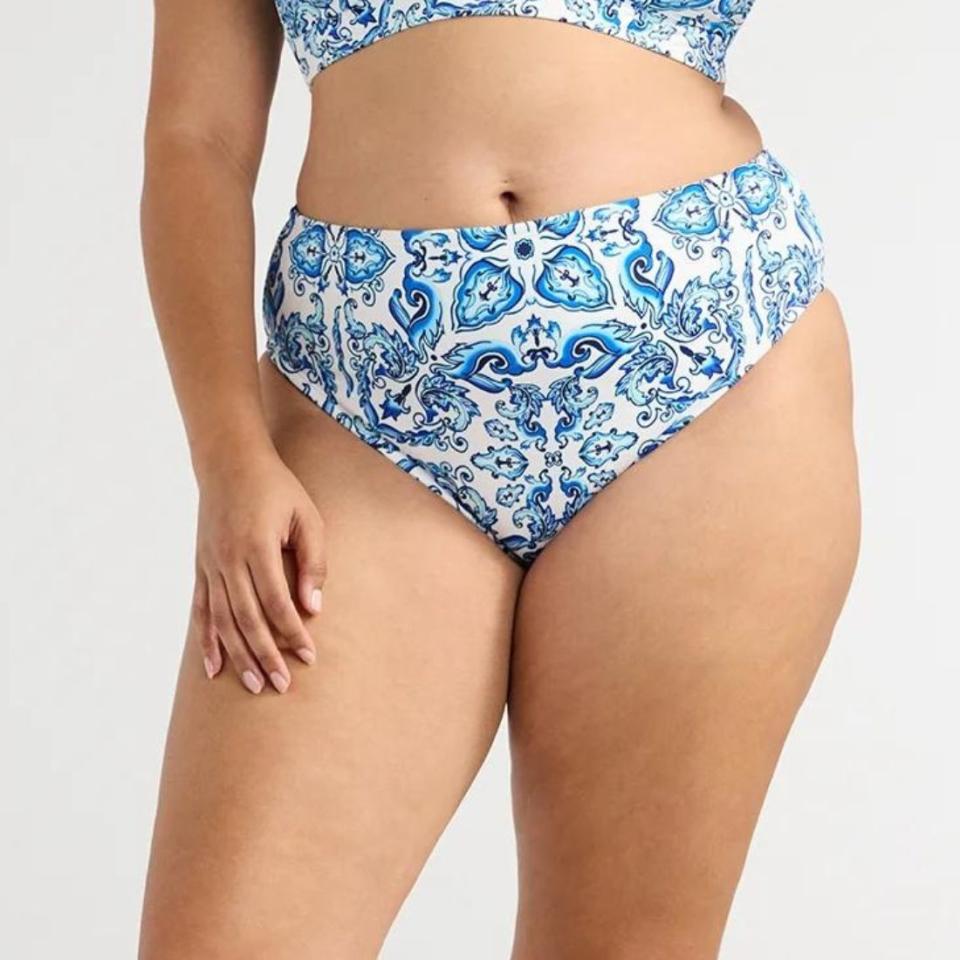 blue and white paisley walmart high-waisted bikini bottoms