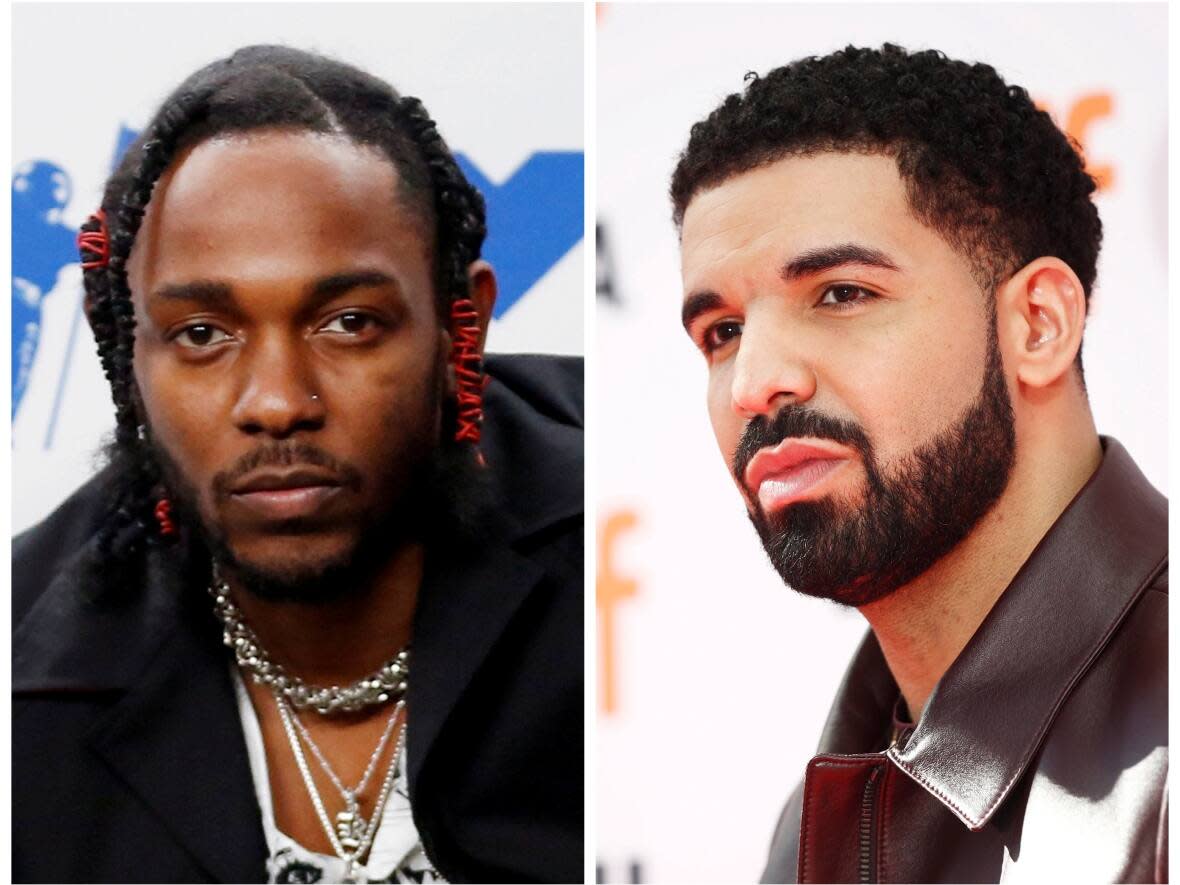 Rappers Kendrick Lamar, left, and Drake are feuding through a heated exchange of diss tracks.  (Danny Moloshok (left) and Mark Blinch (right)/Reuters - image credit)