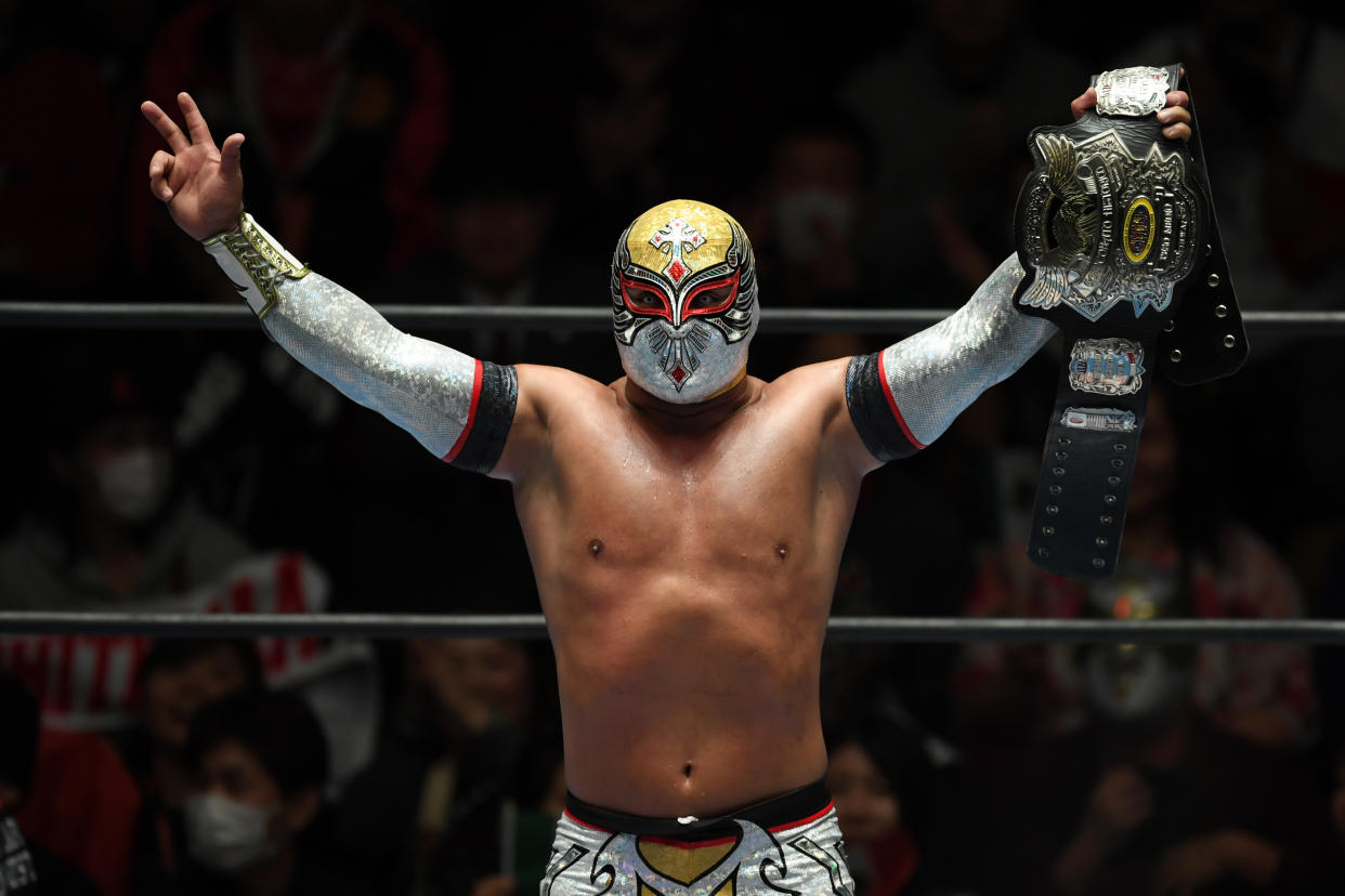 Místico, bajo su faceta de Carístico en una gira del CMLL por Japón durante enero de 2020. (Masashi Hara/Getti Images)