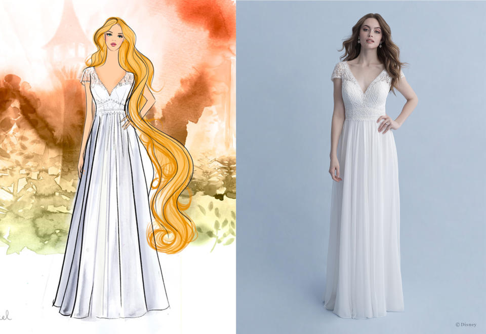 This simple romantic gown is Rapunzel-themed. (Disney Fairy Tale Weddings)