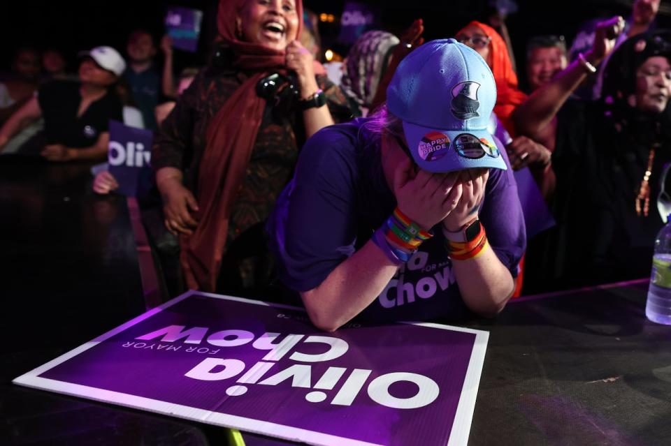 A supporter reacts to results at an election night event for mayoral candidate Olivia Chow at the Great Hall in Toronto on June 26, 2023, after polls close in the mayoral byelection.  