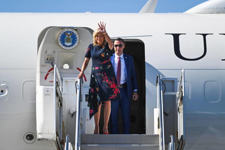 First lady Jill Biden waves as she exits her plane on Wednesday, Sept. 27, 2023, at the Charles B. Wheeler Downtown Airport in Kansas City. The first lady arrived in Kansas City to visit the Harry S. Truman Presidential Library and Museum. Zachary Linhares