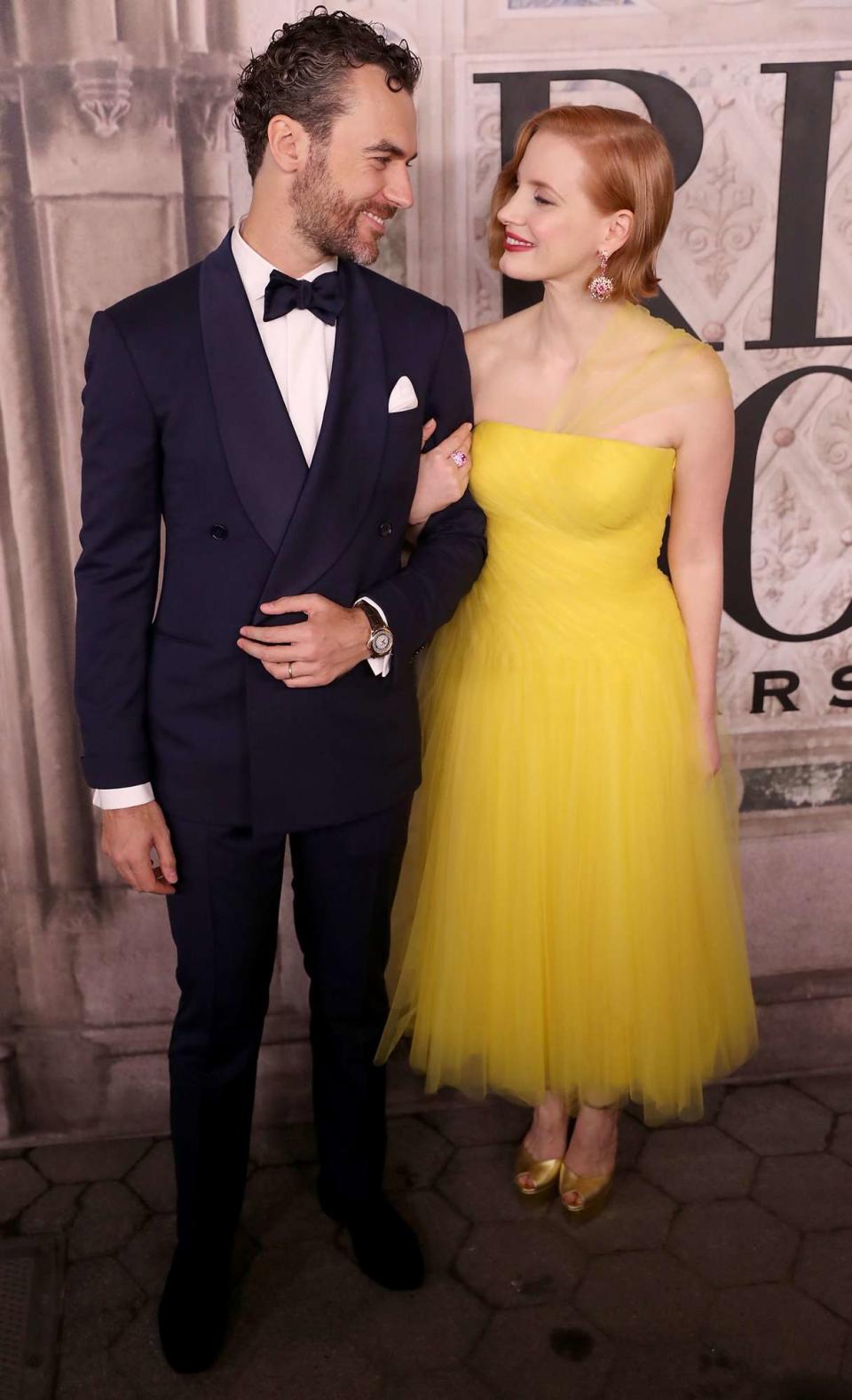 Gian Luca Passi de Preposulo and Jessica Chastain attend the Ralph Lauren fashion show during New York Fashion Week at Bethesda Terrace on September 7, 2018 in New York City