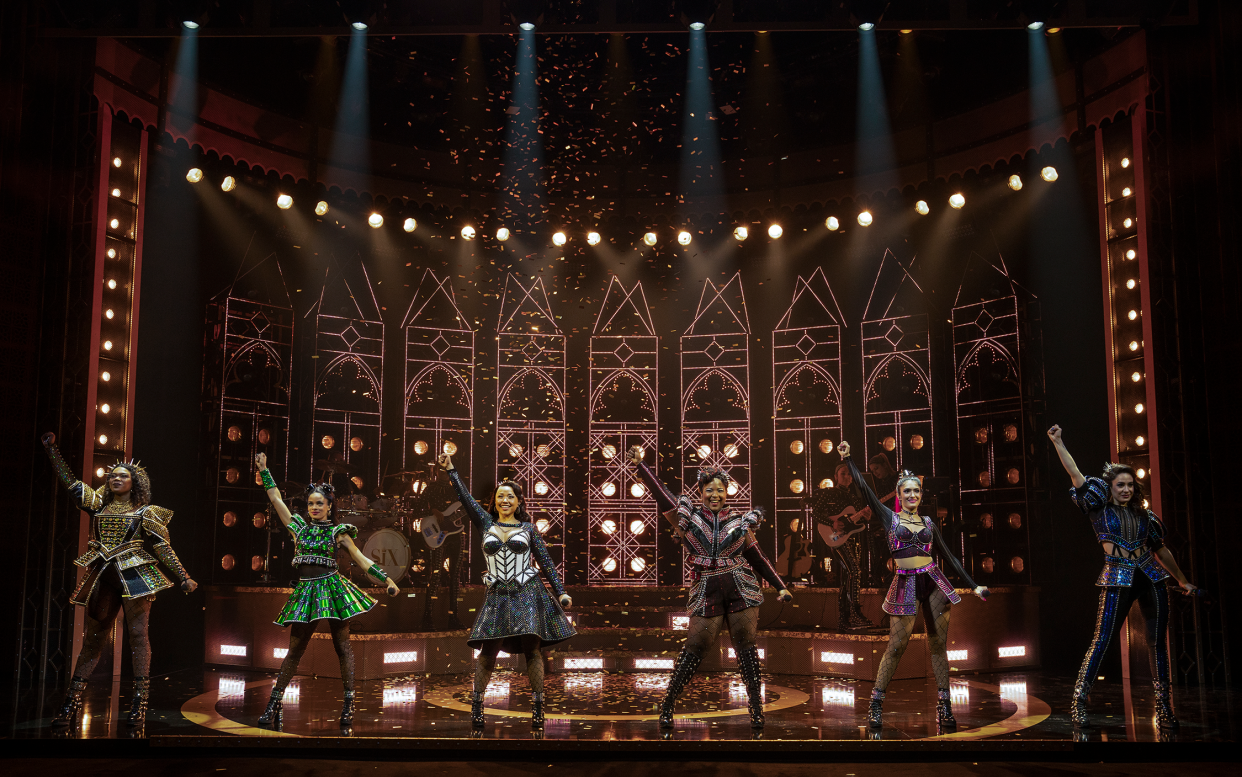 Left to right: Khaila Wilcoxon as Catherine of Aragon, Storm Lever as Anne Boleyn, Jasmine Forsberg as Jane Seymour, Olivia Donalson as Anna of Cleves, Didi Romero as Katherine Howard, and Gabriela Carrillo as Catherine Parr in the North American tour of “Six.”