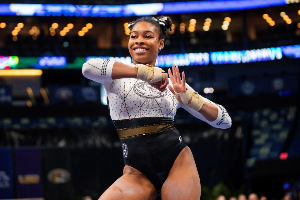 Missouri gymnast Jocelyn Moore competes on the floor during the SEC Tournament on March 24 in New Orleans.