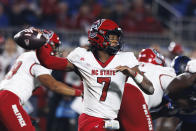 FILE - North Carolina State's MJ Morris (7) looks to a throw during the second half of an NCAA college football game against Duke in Durham, N.C., Saturday, Oct. 14, 2023. Morris was 5-2 as a starter at North Carolina State and is competing for the starter's job at Maryland. (AP Photo/Ben McKeown, File)