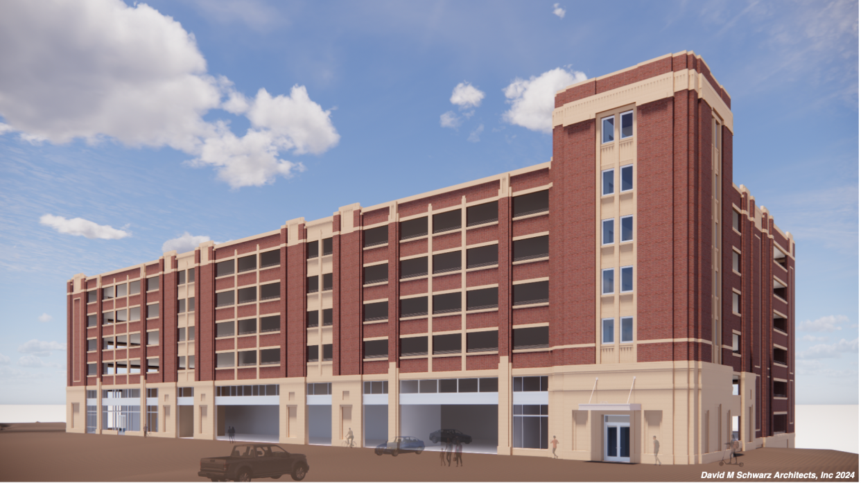 A rendering of the parking garage, which received final approval from the Design Review Board May 7.