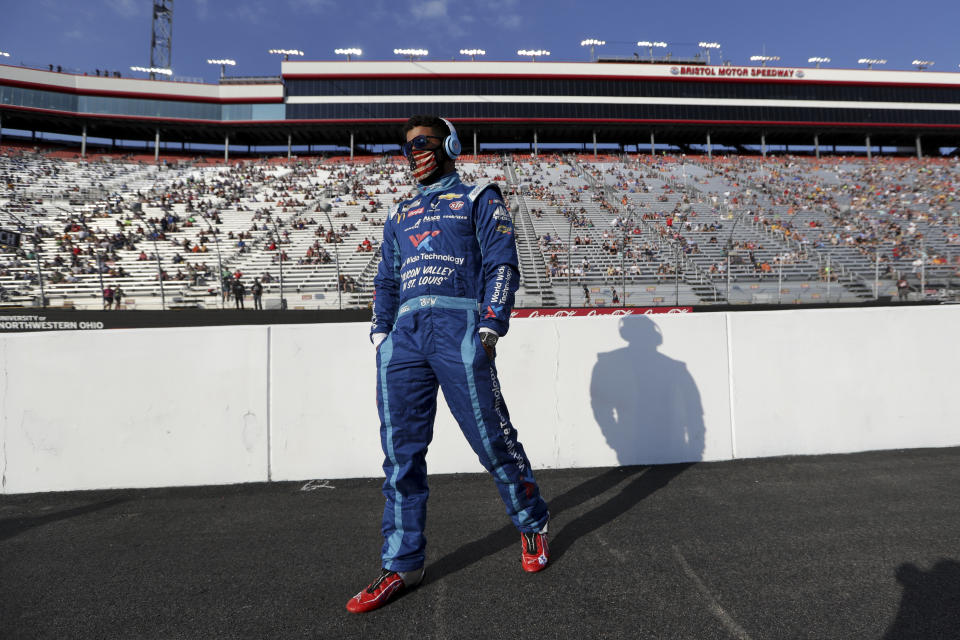 Bubba Wallace (43) arrives for a NASCAR All-Star Open auto race at Bristol Motor Speedway in Bristol, Tenn, Wednesday, July 15, 2020. (AP Photo/Mark Humphrey)